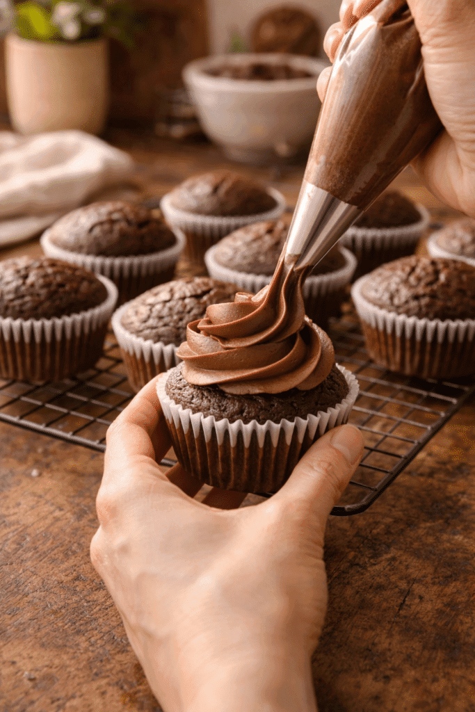 frosting chocolate cupcakes with chocolate buttercream