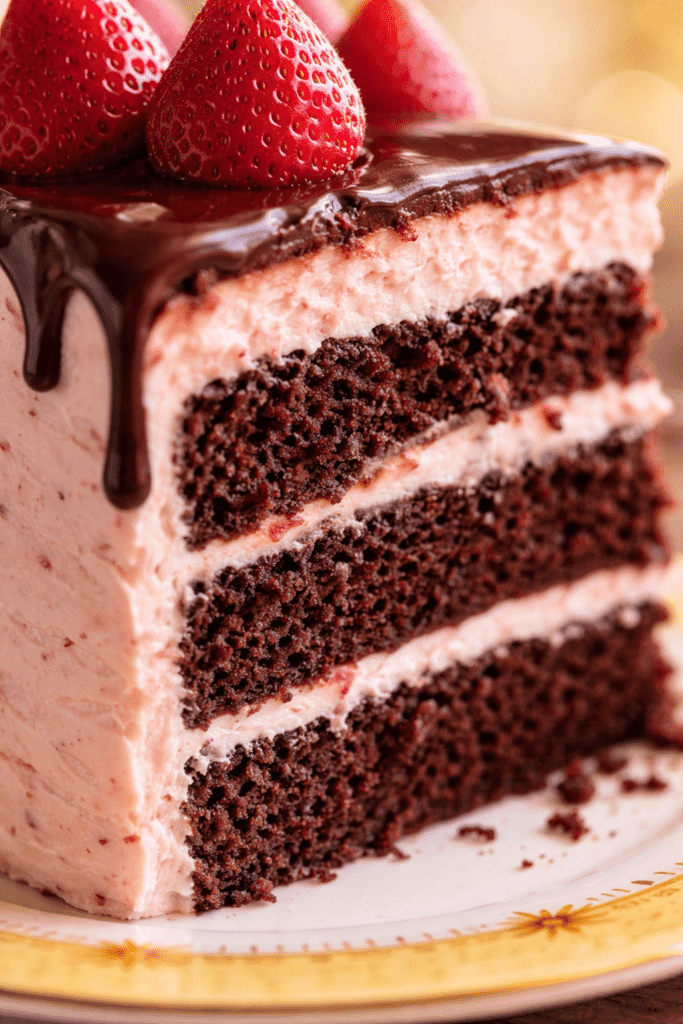 Close-up of Chocolate Strawberry Cake layers and frosting
