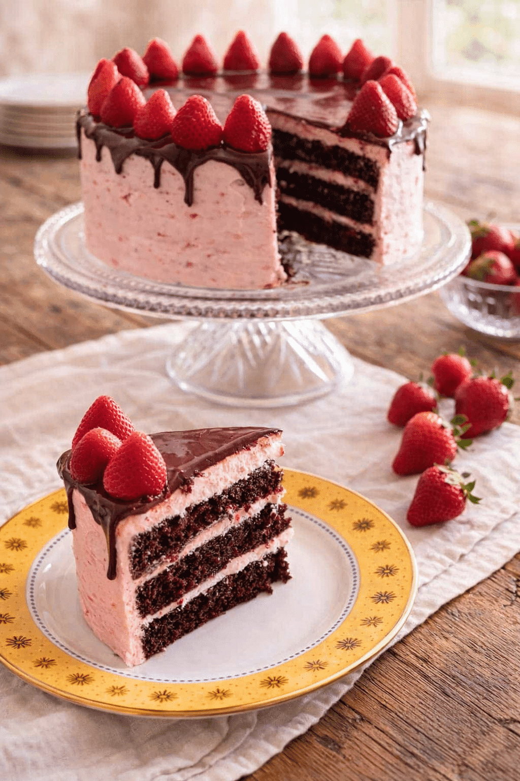 Chocolate Strawberry Cake with strawberry buttercream and ganache