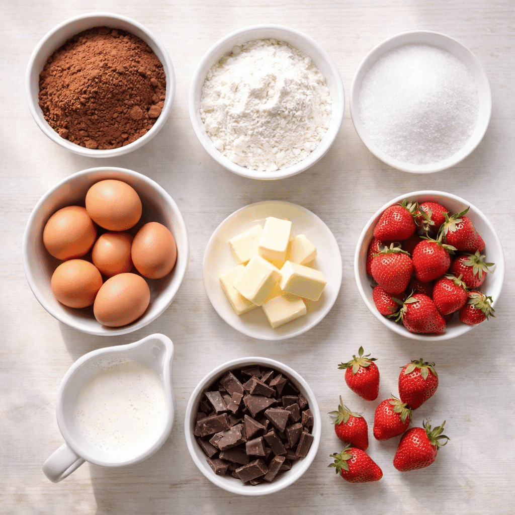 Chocolate Strawberry Cake ingredients laid out