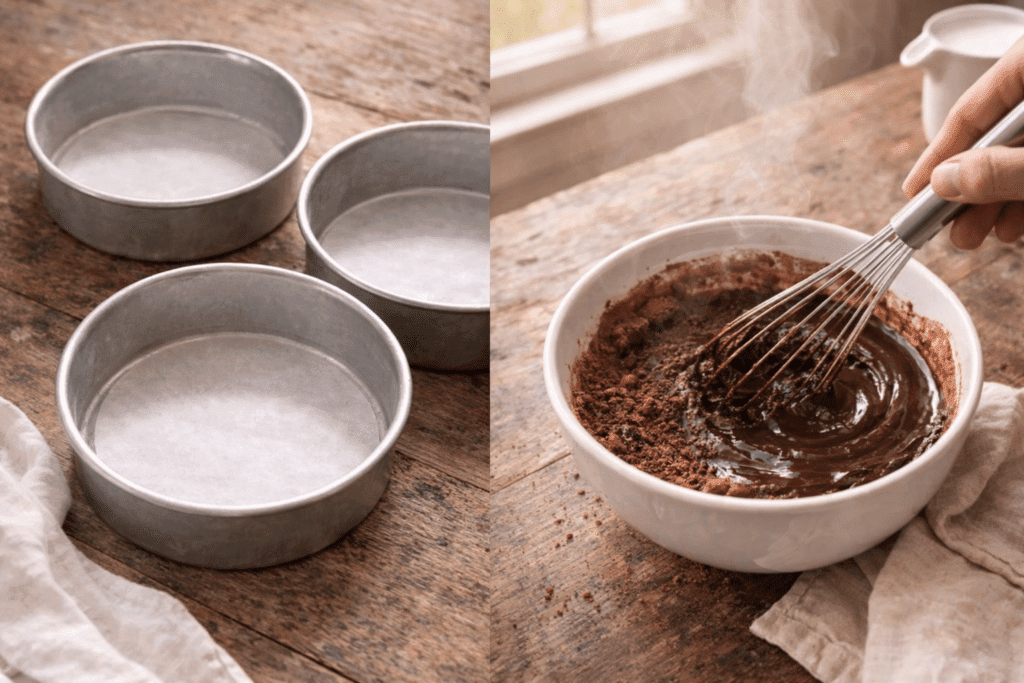 Preparing cake pans and blooming cocoa for Chocolate Strawberry Cake