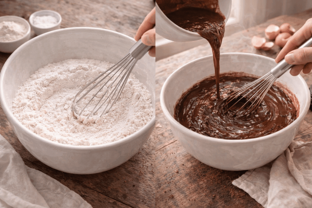 Mixing dry and wet ingredients for Chocolate Strawberry Cake batter