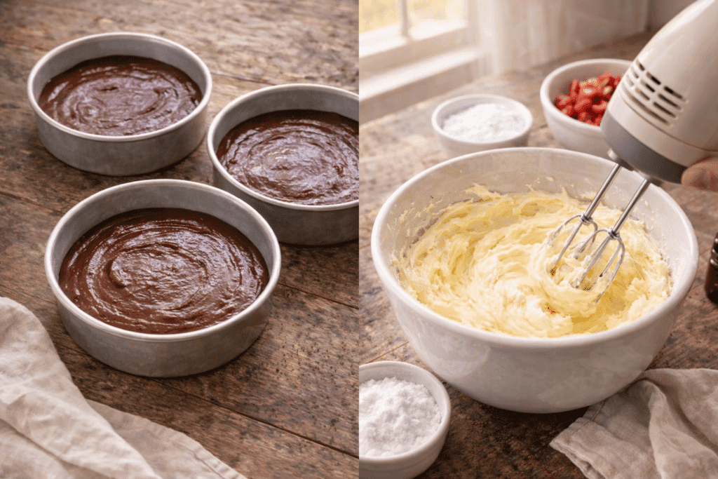 Dividing cake batter and preparing strawberry buttercream for Chocolate Strawberry Cake