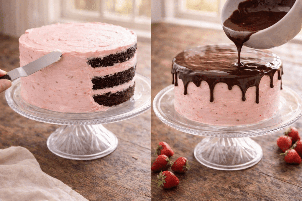 Frosting and adding ganache to Chocolate Strawberry Cake