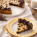 cookie cake recipe with frosting and sprinkles served on a floral plate beside milk