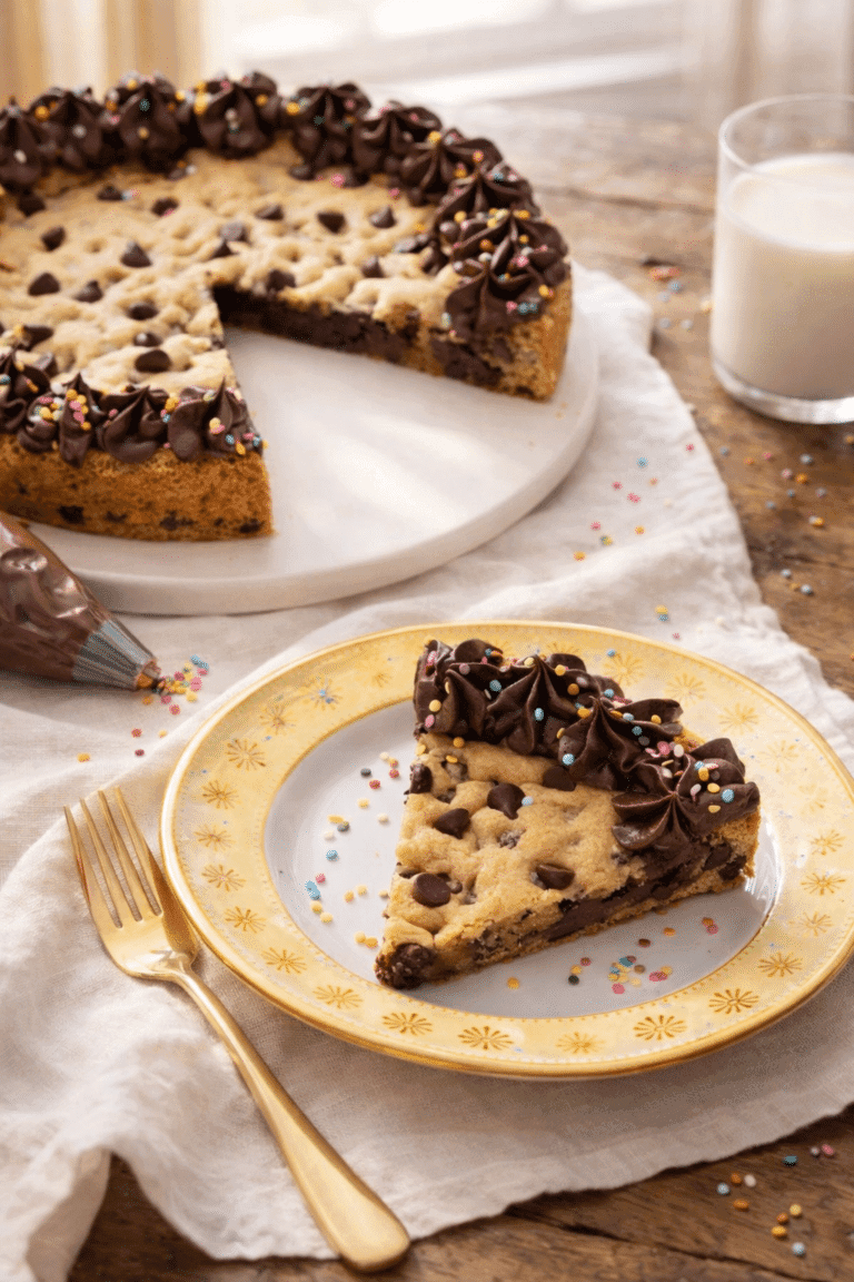 cookie cake recipe with frosting and sprinkles served on a floral plate beside milk
