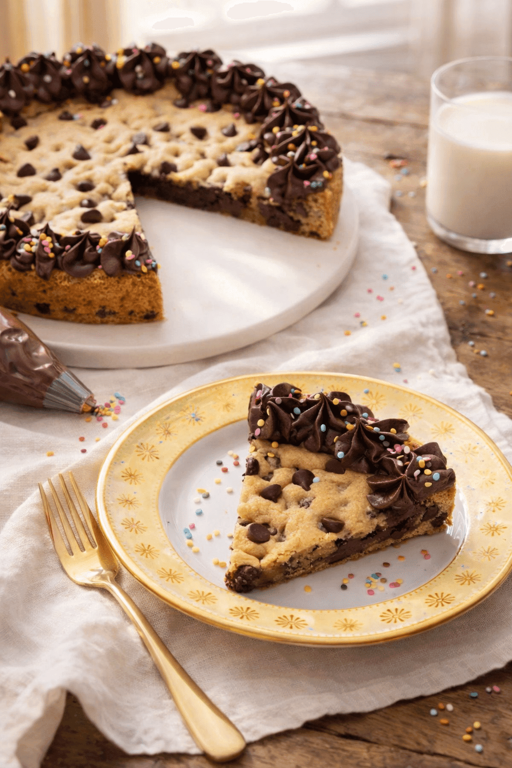 cookie cake recipe with frosting and sprinkles served on a floral plate beside milk