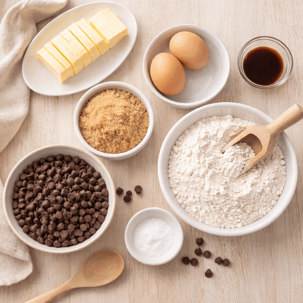 flatlay of cookie cake recipe ingredients including butter, sugar, and chocolate chips