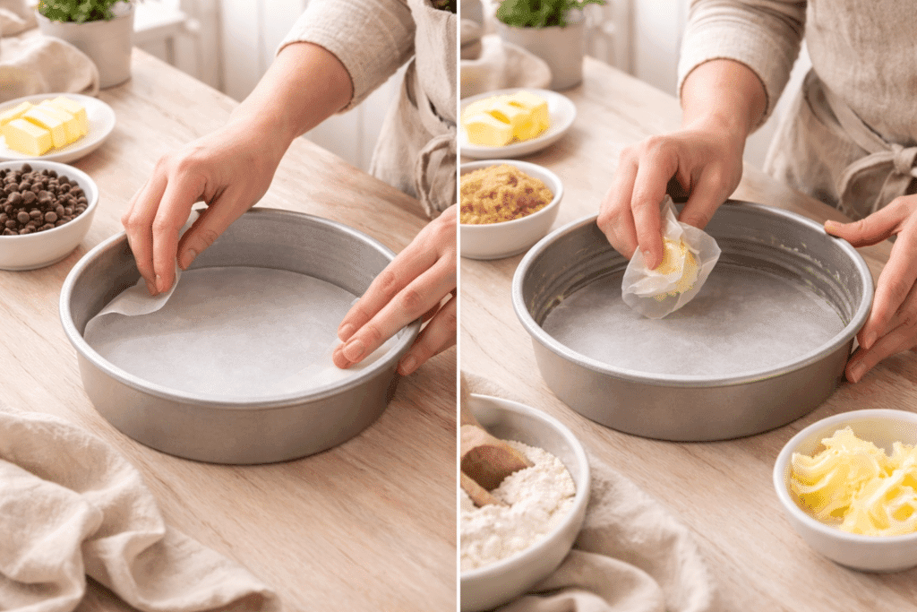 lining cake pan with parchment paper for cookie cake recipe