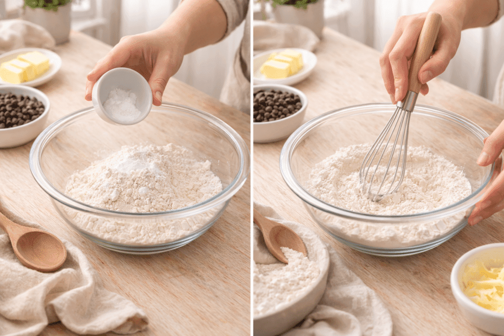 whisking flour, baking soda, and salt for cookie cake recipe