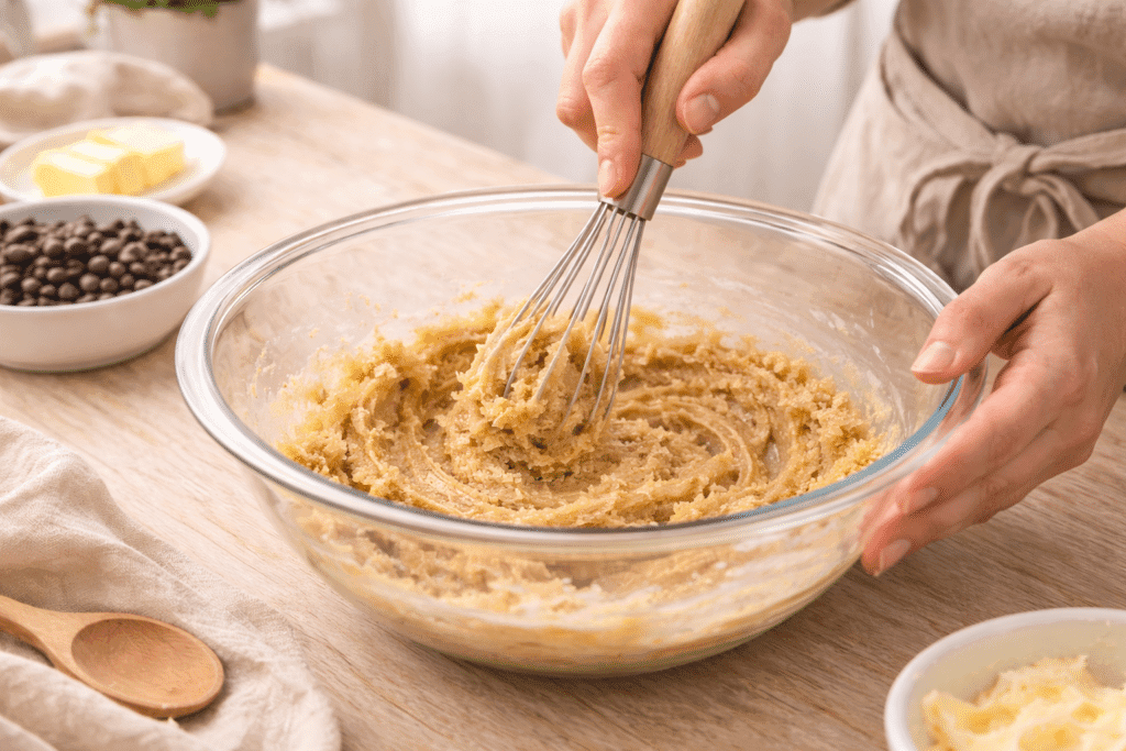 creaming butter and sugar together for cookie cake recipe in glass bowl