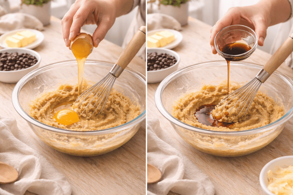 adding egg and vanilla extract to butter mixture for cookie cake recipe