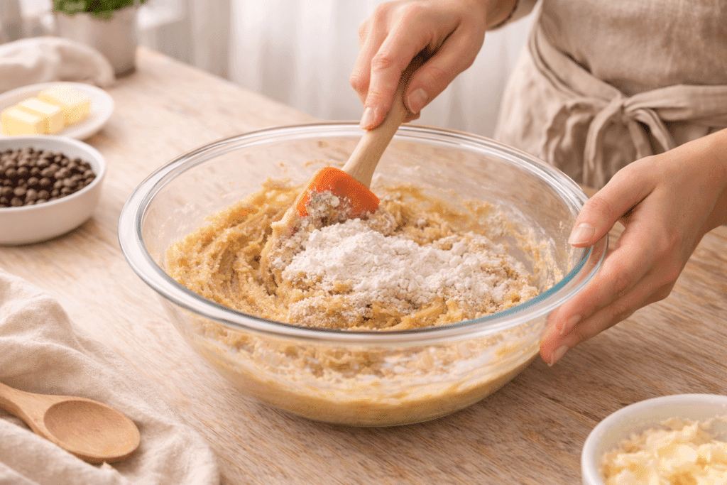 folding dry ingredients into butter mixture for cookie cake recipe