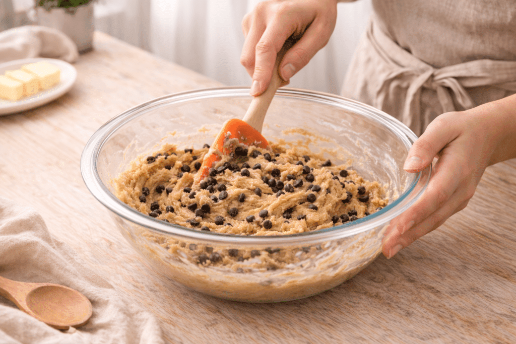 folding chocolate chips into cookie cake dough with spatula