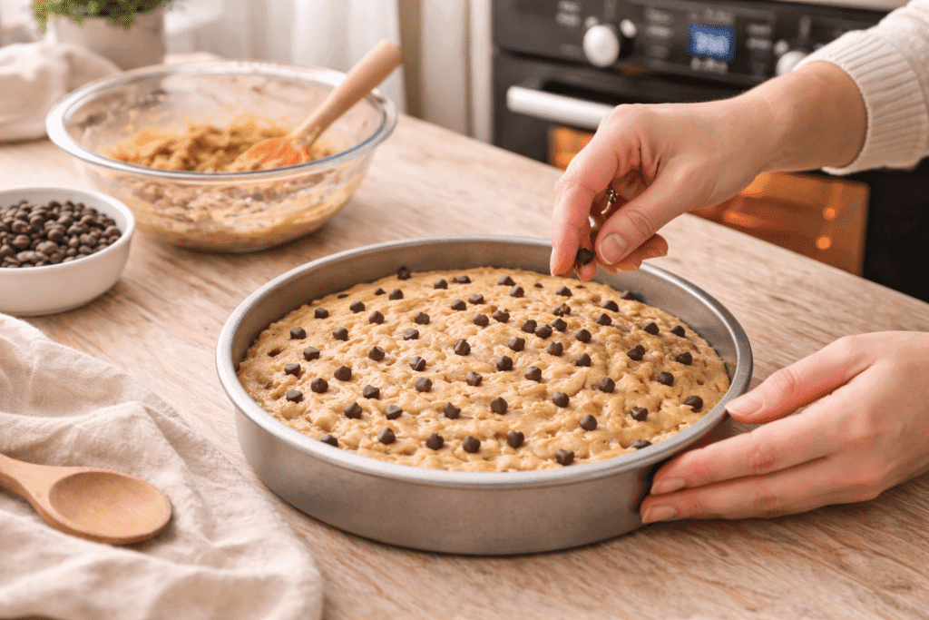 pressing cookie dough into pan and baking for cookie cake recipe