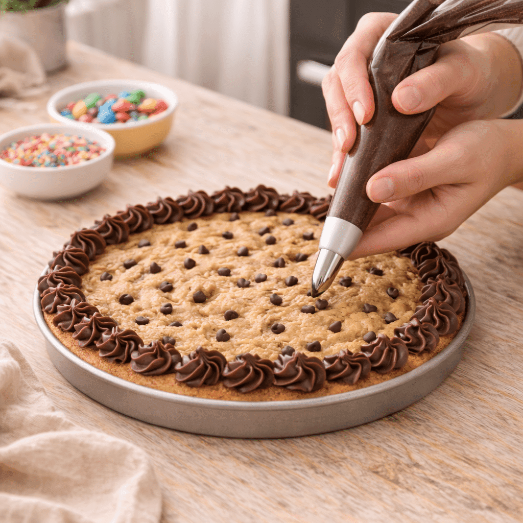 piping chocolate frosting and sprinkles onto cooled cookie cake recipe