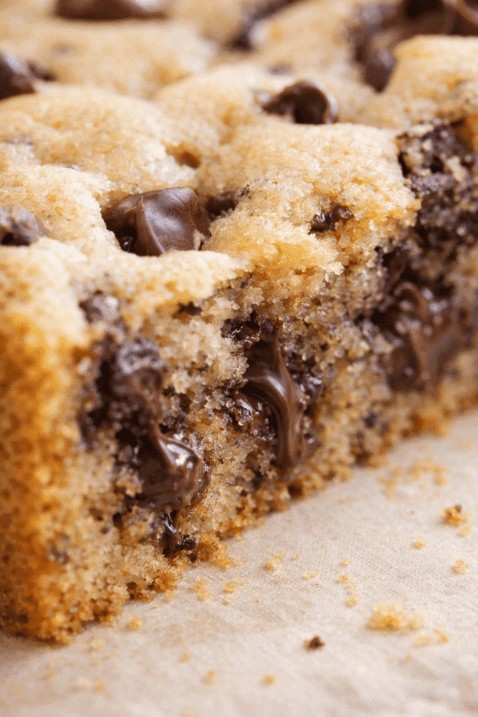 close-up of cookie cake recipe texture with melted chocolate chips