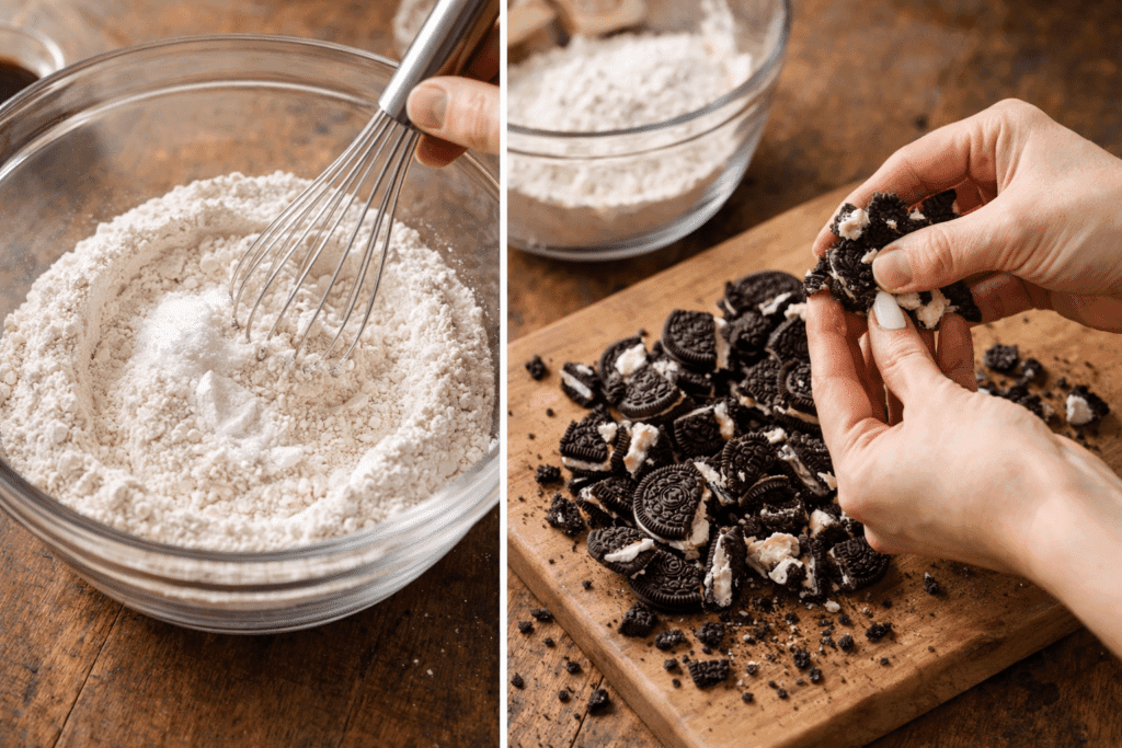 Preparing dry ingredients and breaking Oreos for Cookies and Cream Cookies