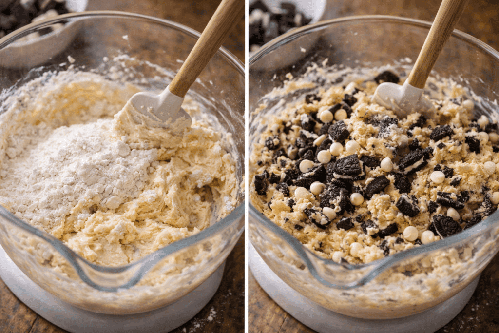 Folding cookie dough for Cookies and Cream Cookies