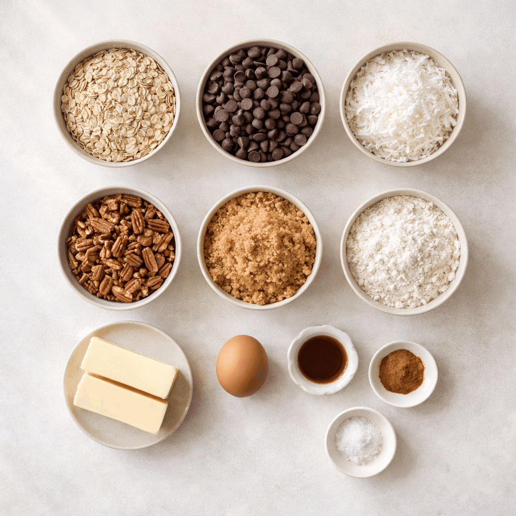Ingredients for Cowboy Cookies arranged on a flat surface