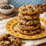 Cowboy Cookies recipe stacked on a plate with oats chocolate coconut and pecans