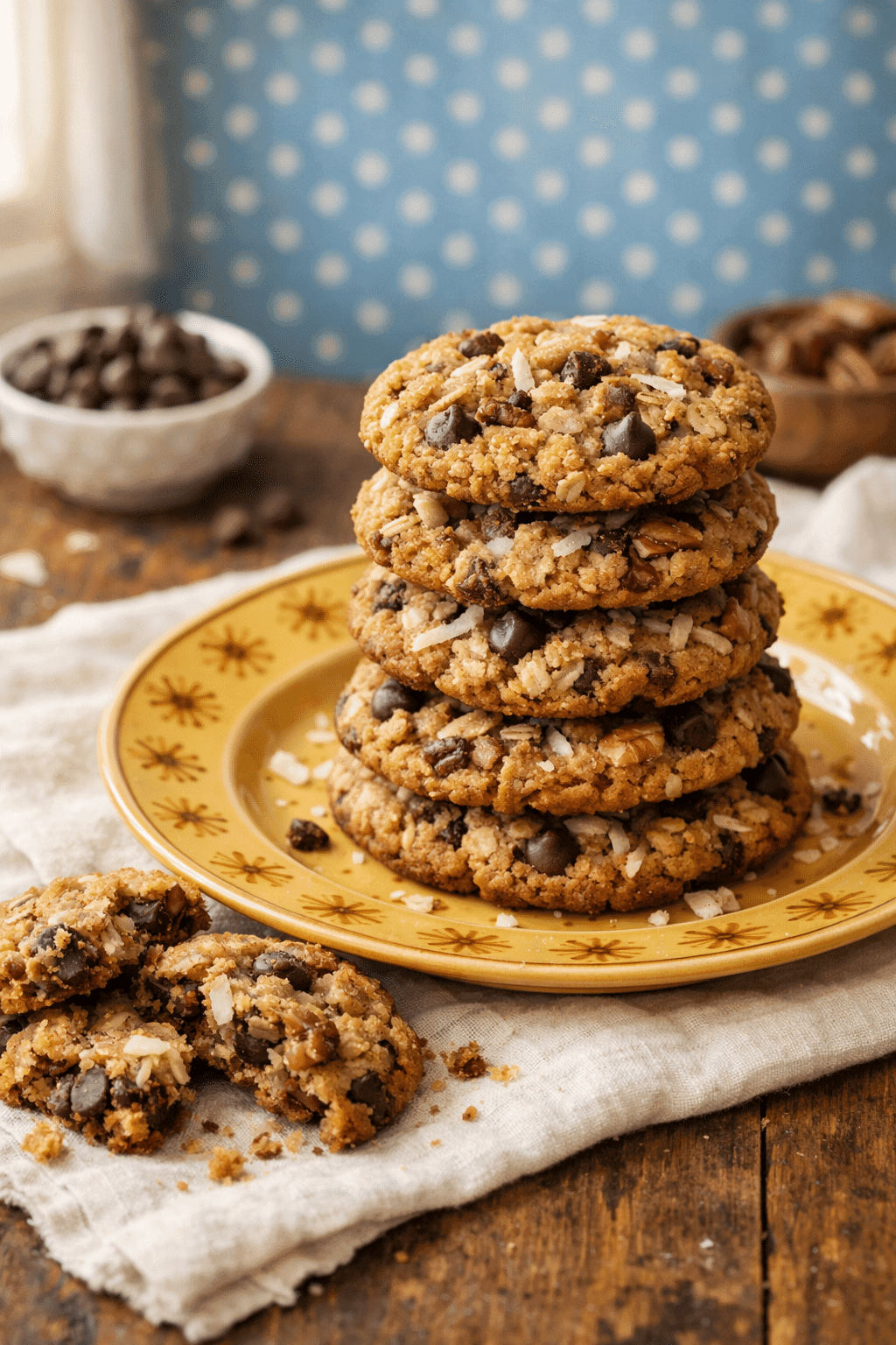 Cowboy Cookies recipe stacked on a plate with oats chocolate coconut and pecans