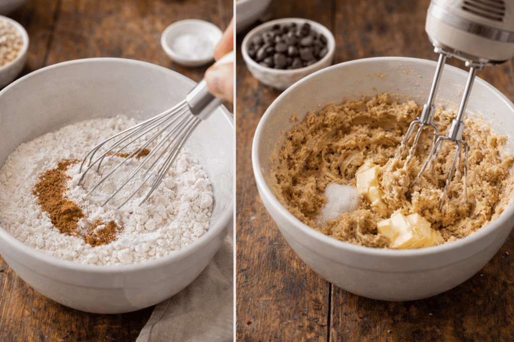 Preparing Cowboy Cookies dry ingredients and creaming butter with sugar