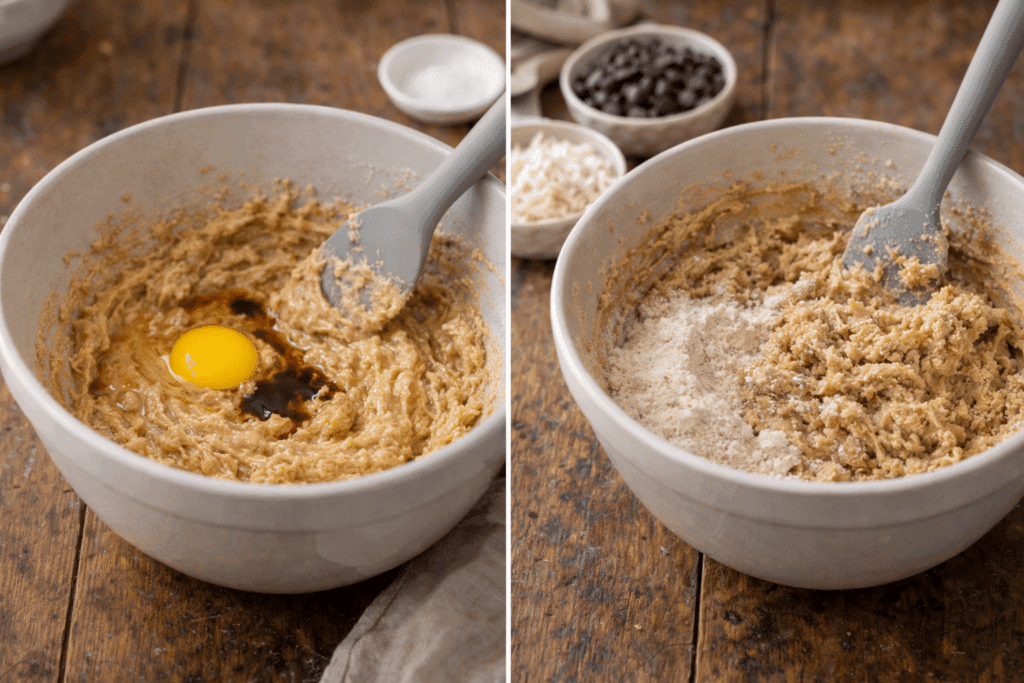 Adding egg and vanilla and mixing dry ingredients for Cowboy Cookies