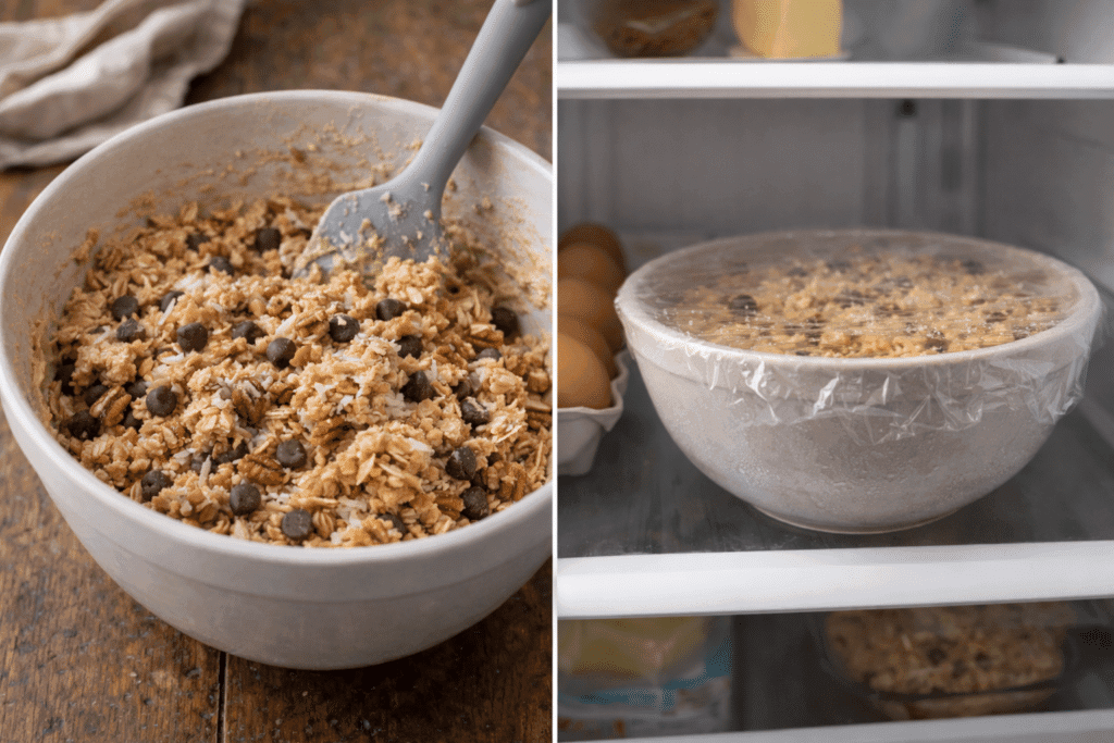 Mixing oats chocolate coconut and pecans into Cowboy Cookies dough and chilling