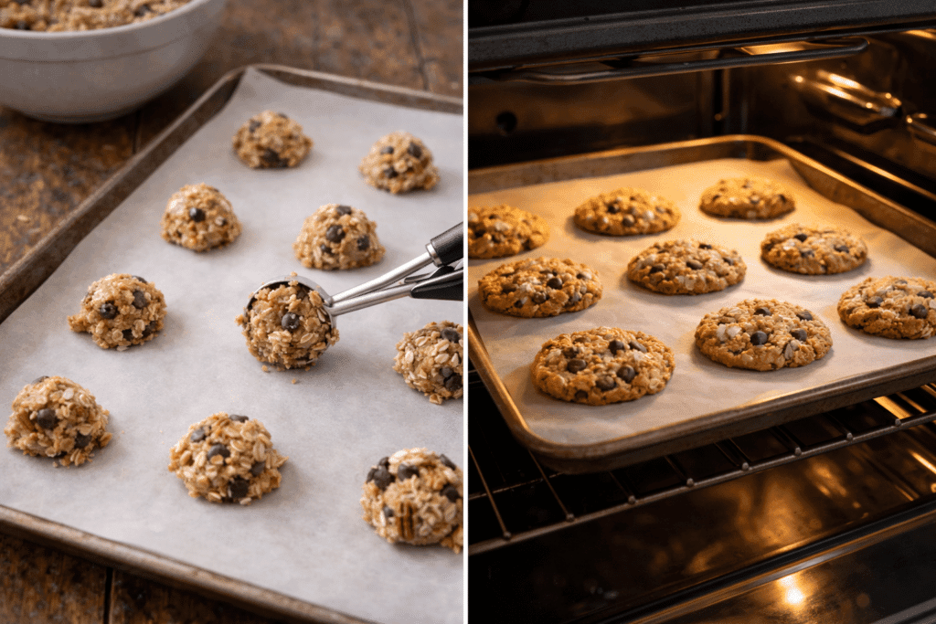 Scooping and baking Cowboy Cookies dough on a baking sheet