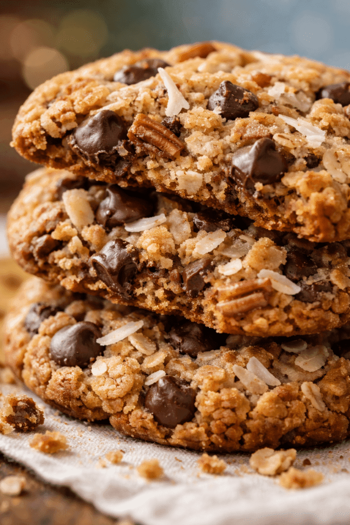 Close-up of Cowboy Cookies showing chewy texture and chocolate chips