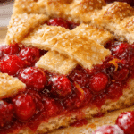 Close-up of Cranberry Pie filling and flaky crust