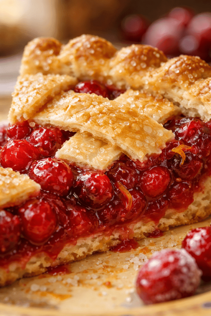 Close-up of Cranberry Pie filling and flaky crust