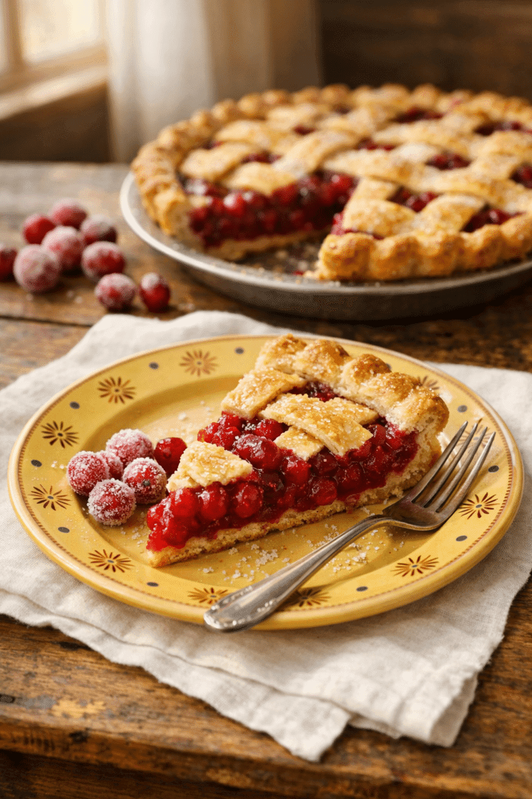 Cranberry Pie on yellow plate with sugared cranberries and golden lattice crust