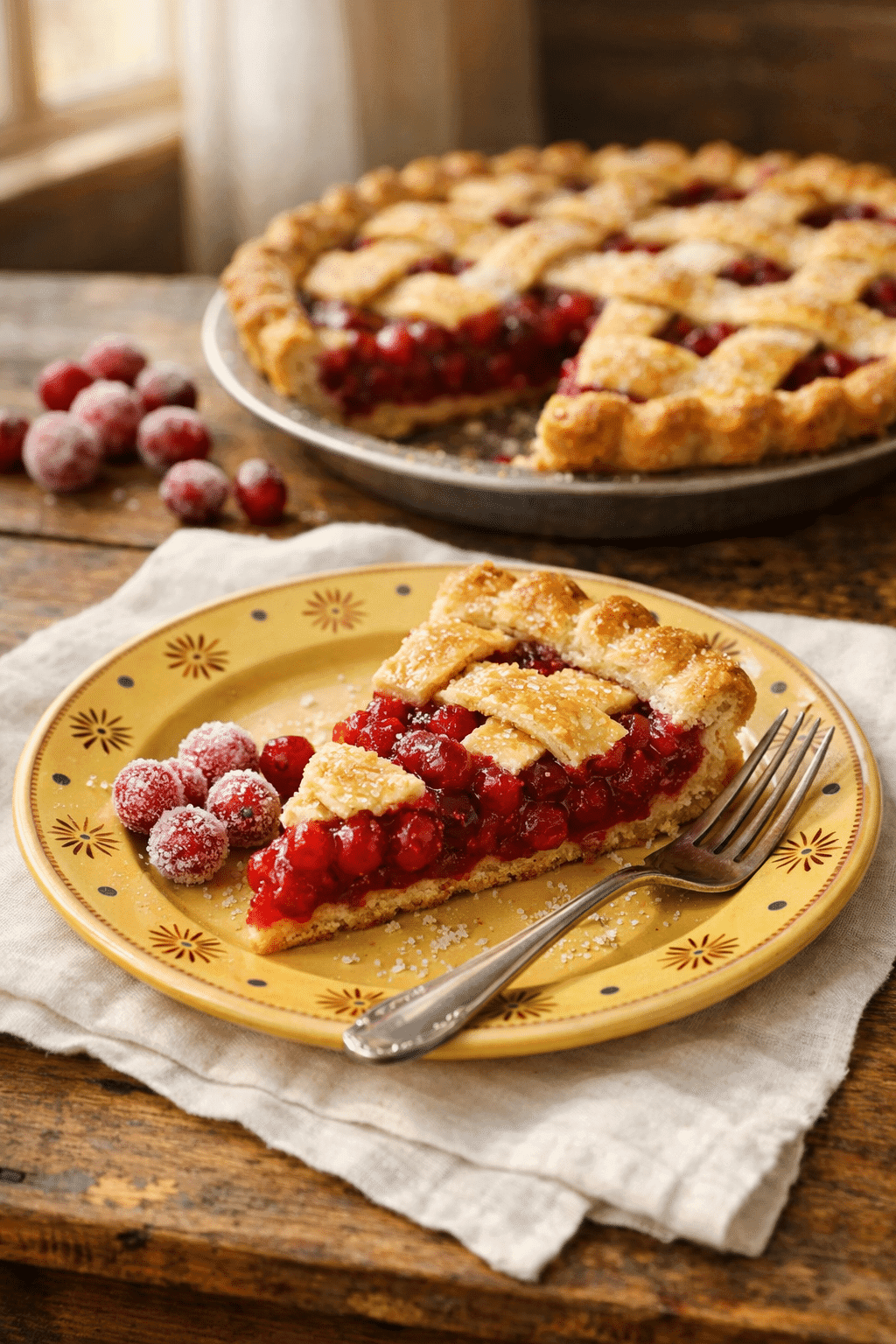 Cranberry Pie on yellow plate with sugared cranberries and golden lattice crust