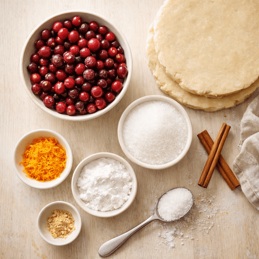 Ingredients for Cranberry Pie arranged on a wooden surface