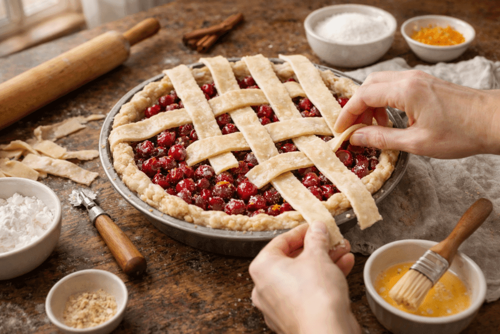 Weaving lattice crust over cranberry pie filling