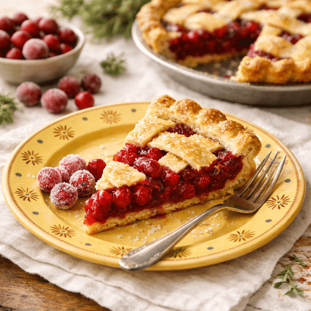 Slice of Cranberry Pie on yellow plate with whipped cream