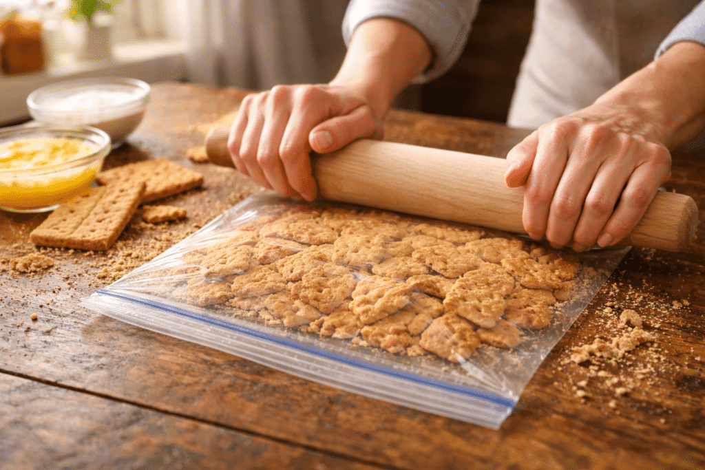 Crushing graham crackers with rolling pin in zip-top bag