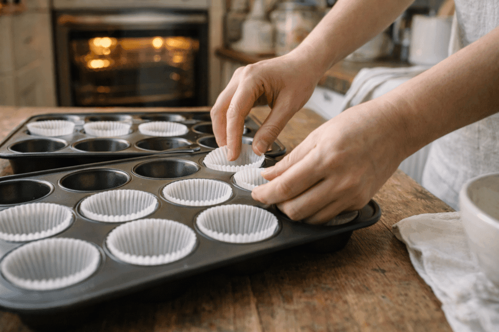 Preparing muffin pans for Red Velvet Cupcakes before baking