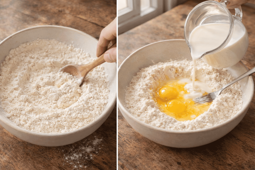 Mixing flour, salt, eggs, and milk for Egg Noodles
