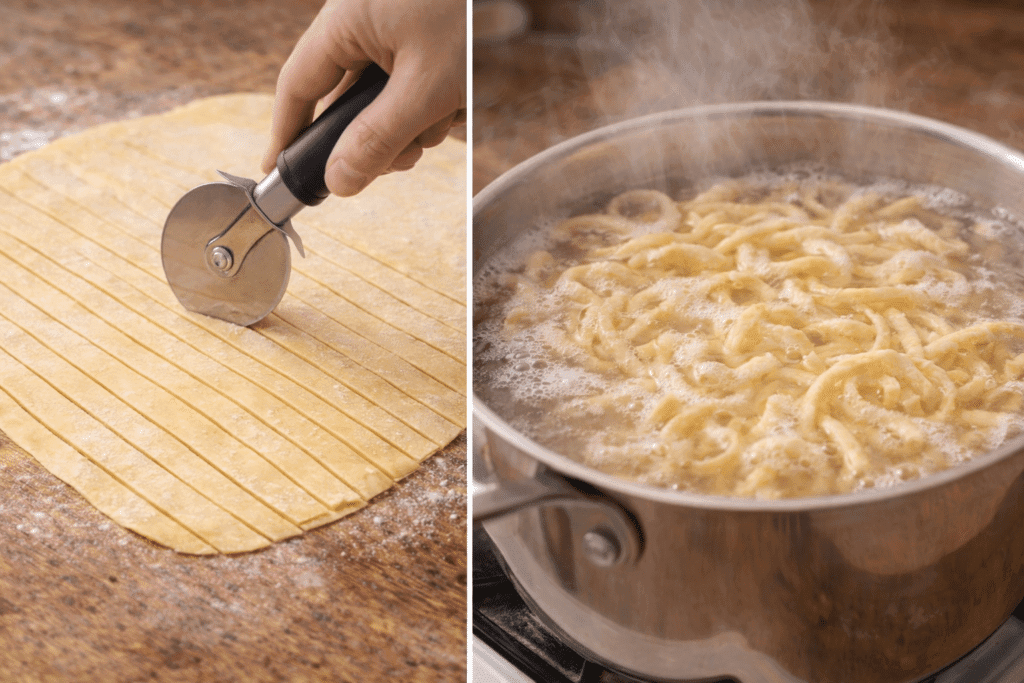 Cutting and cooking Egg Noodles