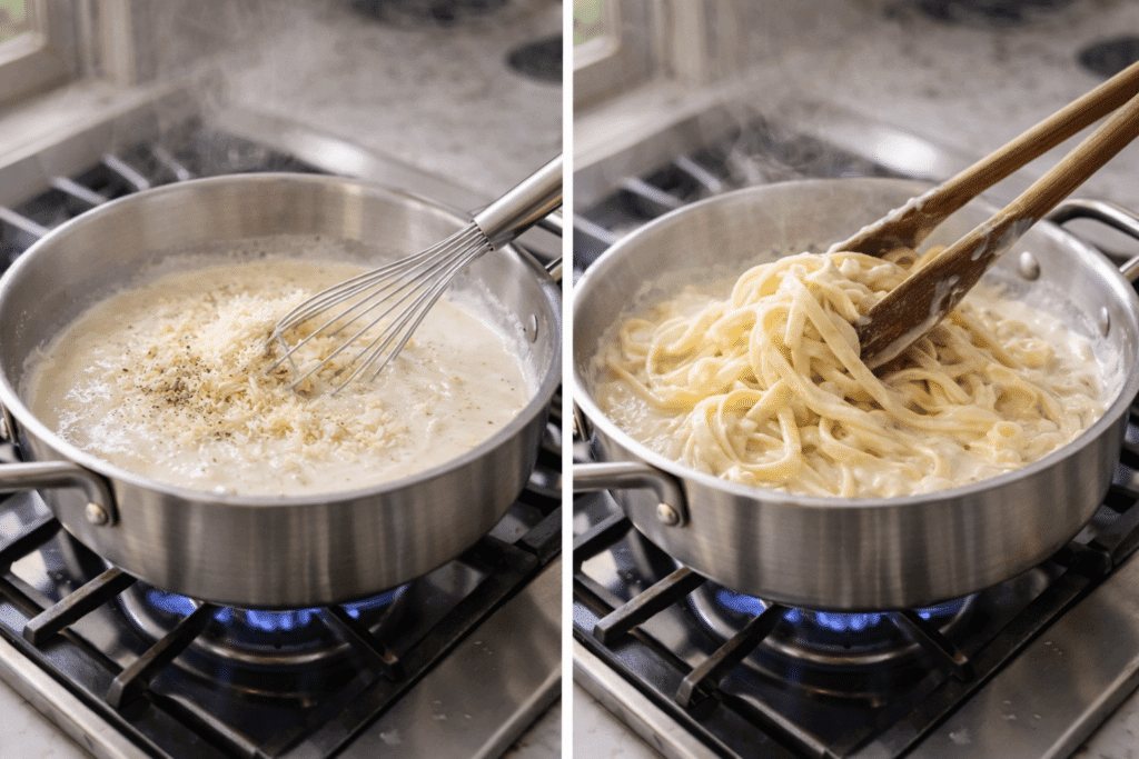Adding parmesan and tossing pasta in creamy Fettuccine Alfredo sauce