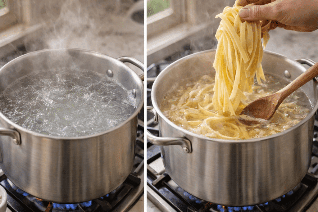 Boiling salted water and cooking fettuccine pasta for Fettuccine Alfredo