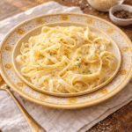 Fettuccine Alfredo served on a yellow plate with creamy parmesan sauce