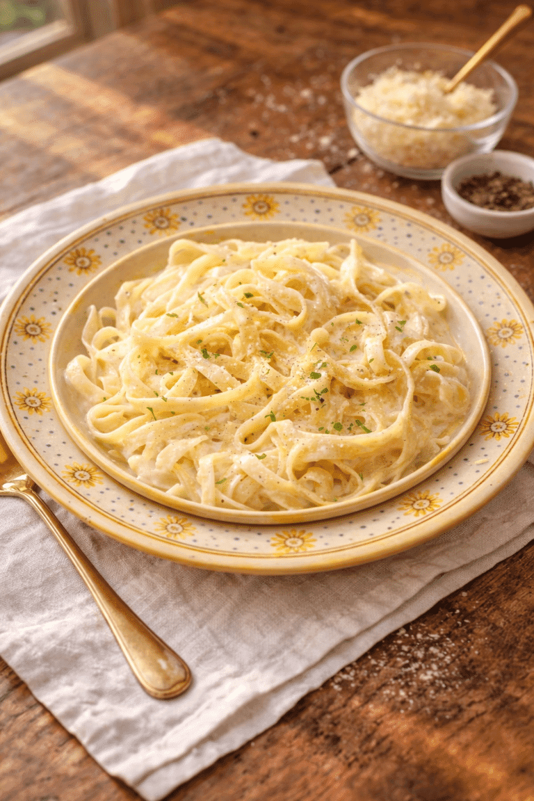 Fettuccine Alfredo served on a yellow plate with creamy parmesan sauce