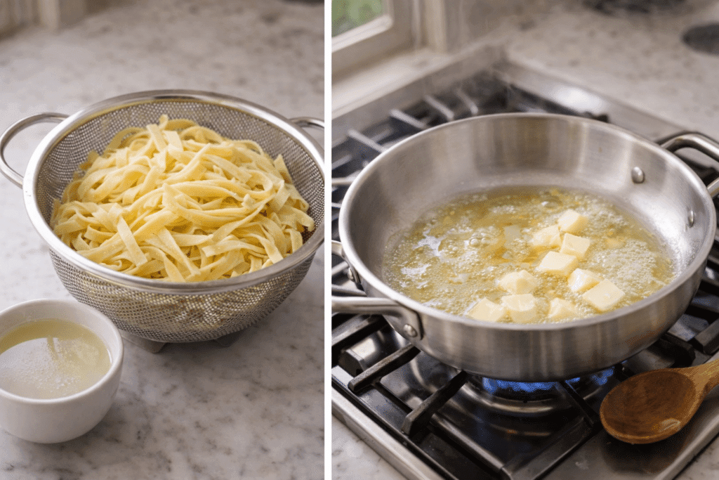 Draining fettuccine pasta and melting butter for Fettuccine Alfredo