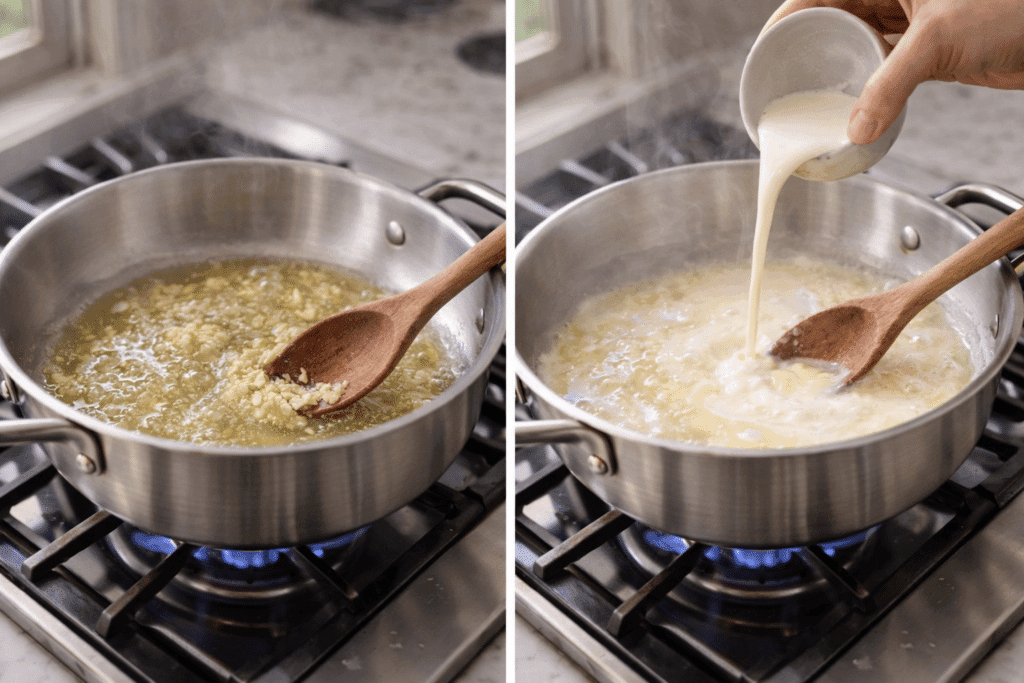 Cooking garlic in butter and warming cream for Fettuccine Alfredo sauce
