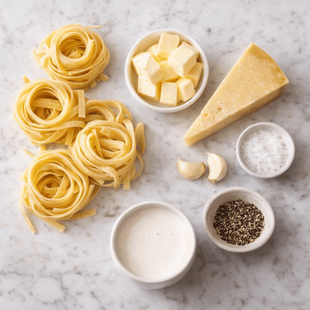 Ingredients needed to make homemade Fettuccine Alfredo