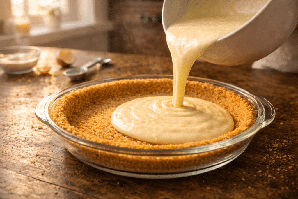 Pouring creamy pie filling into baked graham cracker crust